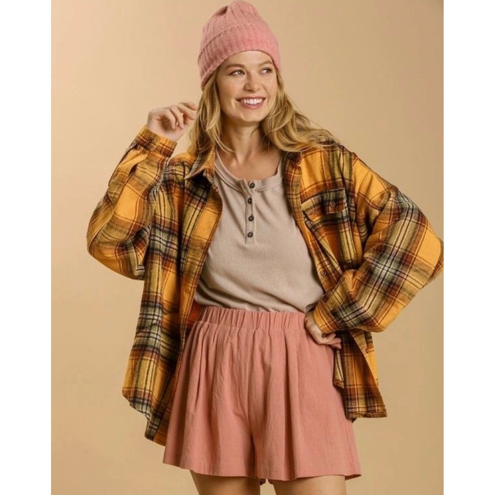 NWT UMGEE USA Women's Oversized Plaid Flannel‎ Shirt Jacket Mustard Yellow M